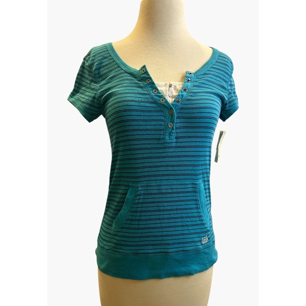 NWT Y2K Energie Striped Henley Top SS Kangaroo Pocket Junior Large Bella Swan - Picture 2 of 16